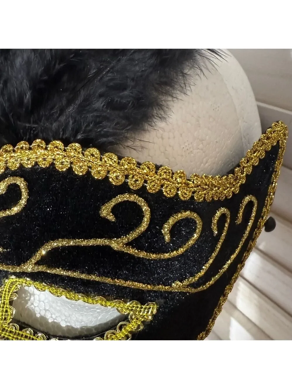 Masquerade Mask Black and Gold Embroidery Feathers OS